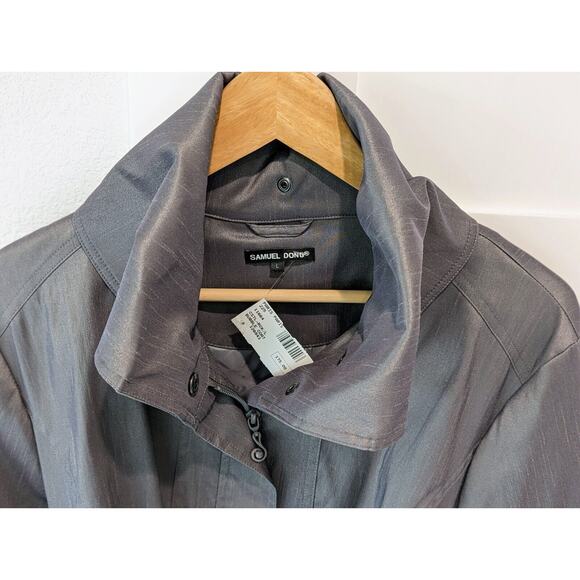 SAMUEL DONG Bubble Hem Trench Coat Dress SZ L Silver Gray Belted Party Event NWT - Picture 6 of 9